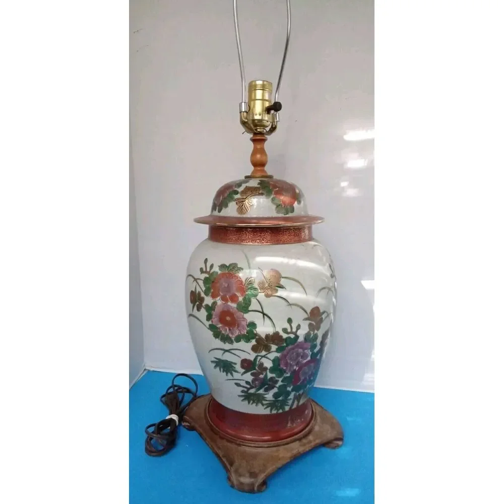 Vintage Floral Ginger Jar Lamp Asian‎ Style Table Lamp Bedside Accent Decor